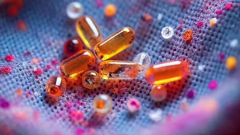 Photorealistic close-up of a thermochromic fabric swatch under a microscope, showing microcapsules with leuco dyes, some intact and vibrant, others visibly degraded or leached, with a subtle chemical reaction graphic overlaid. Professional photography, 8K, cinematic lighting, sharp focus, depth of field, shot on a high-end DSLR.