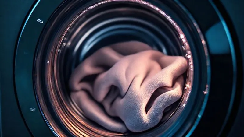 Photorealistic image of a modern washing machine control panel, with the 'Cold Water' and 'Delicate Cycle' options prominently selected and highlighted. A blurred thermochromic fabric item is visible inside the drum. Professional photography, 8K, cinematic lighting, sharp focus, depth of field, shot on a high-end DSLR.
