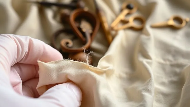 A close-up, photorealistic, professional photography shot of a delicate silk historical costume fabric, with visible signs of stress and slight fraying at a seam line, under examination by a gloved hand. Cinematic lighting highlights the delicate fibers, sharp focus on the stressed seam, depth of field blurring a collection of antique sewing tools in the background. 8K hyper-detailed.
