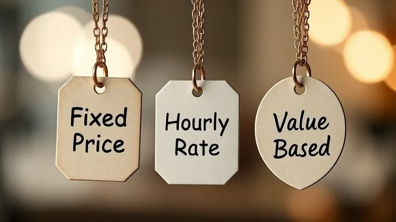 A photorealistic image of three distinct pricing tags hanging from elegant bespoke jewelry pieces. One tag reads "Fixed Price," another "Hourly Rate," and the third "Value-Based." Each tag has subtle visual cues reflecting its meaning (e.g., fixed price tag is solid and classic, hourly rate tag has a small clock icon, value-based tag is artistic and flowing). Cinematic lighting, sharp focus on the tags, depth of field blurring the jewelry, 8K hyper-detailed, professional photography, shot on a high-end DSLR.