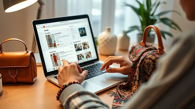 A photorealistic image of a person intently scrolling through sold listings on a laptop, with various unique secondhand fashion items like a vintage handbag and a patterned scarf artfully arranged on a nearby desk. The scene is well-lit, professional photography, 8K, cinematic lighting, sharp focus on the screen and foreground items, depth of field blurring the background, shot on a high-end DSLR.