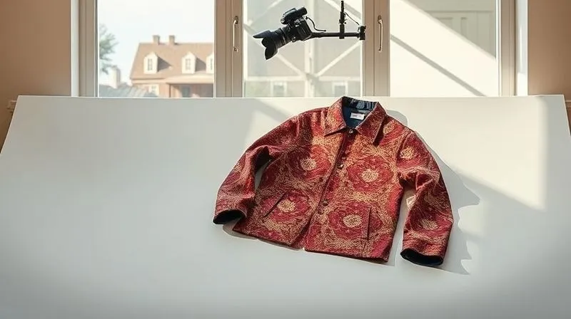 A photorealistic, professional photography setup for secondhand fashion. A unique, intricately patterned vintage jacket is perfectly arranged on a clean, minimalist flat lay background, bathed in soft, natural light coming from a large window. A high-end DSLR camera is positioned above, capturing the sharp details and rich textures. 8K, cinematic lighting, sharp focus on the jacket, depth of field blurring the background, shot on a high-end DSLR.