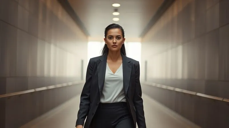 A photorealistic, professional photography, 8K, cinematic lighting, sharp focus, depth of field shot of a confident, poised individual (gender-neutral) walking purposefully through a modern, minimalist architectural space, wearing a tailored, understated luxury outfit. Their head is held high, and their expression is composed and intelligent, conveying quiet strength.