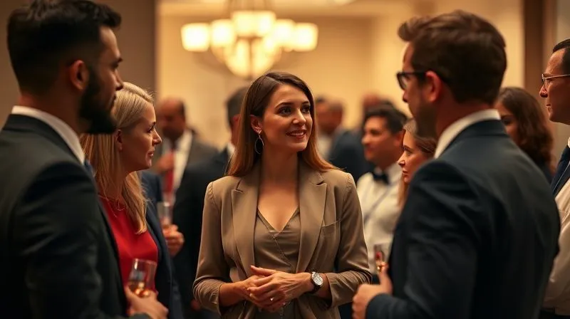 A photorealistic, professional photography, 8K, cinematic lighting, sharp focus, depth of field shot of a diverse group of well-dressed professionals (men and women) in a sophisticated, subtly lit networking event. One central figure (gender-neutral) is engaging in a confident, open conversation, dressed in an understated yet luxurious outfit, radiating quiet authority without being overtly flashy. The background is blurred, focusing on the interaction and refined atmosphere.