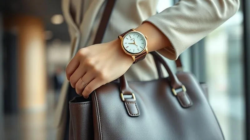 A photorealistic, professional photography shot of a female executive's hands, one wearing a classic, elegant watch, adjusting the strap of a structured, high-quality leather handbag. The background is a subtly blurred modern office. Cinematic lighting, sharp focus on the accessories, depth of field. 8K hyper-detailed, shot on a high-end DSLR.