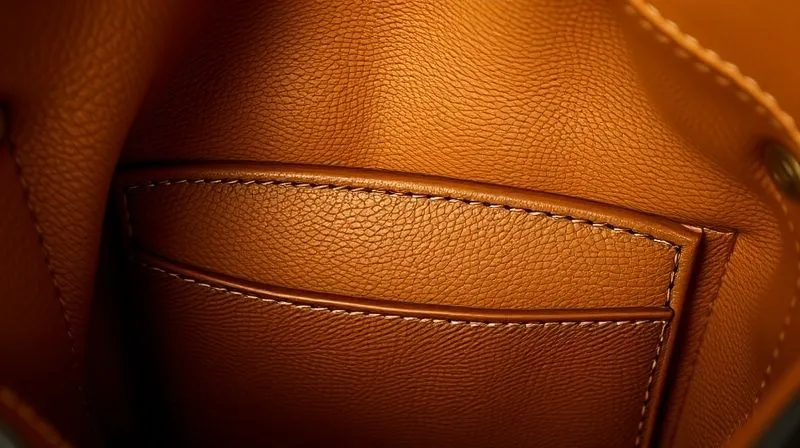 A photorealistic close-up of a luxury handbag's interior, showcasing the distinct grain and texture of high-quality leather lining, with precise, clean stitching around a branded pocket, cinematic lighting, sharp focus on the texture, depth of field, 8K hyper-detailed.