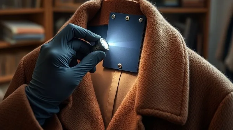 A photorealistic, professional photography shot of a pair of gloved hands meticulously inspecting the collar and inner lining of a vintage wool coat using a small flashlight and a jeweler's loupe, cinematic lighting highlighting the texture of the fabric, sharp focus on the inspection, depth of field blurring the background of a textile conservation studio, 8K hyper-detailed.