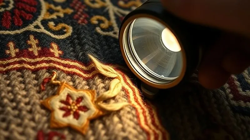 A close-up, photorealistic, professional photography shot of an antique wool tapestry being meticulously inspected with a powerful LED flashlight and a jeweler's loupe, revealing intricate details of the weave and potential micro-damage. Cinematic lighting creates dramatic shadows, sharp focus on the inspection point, depth of field blurring the rest of the tapestry, 8K hyper-detailed.