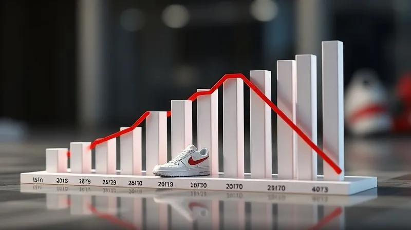A photorealistic 3D bar chart showing declining sales velocity for specific sneaker models over six months, with a red downward trend line, cinematic lighting, 8K, sharp focus on the data points, depth of field blurring the background, shot on a high-end DSLR.