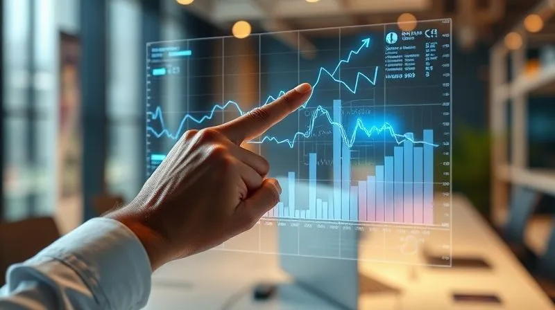 A photorealistic, professional photography, 8K, cinematic lighting, sharp focus on a holographic data visualization display showing interconnected trend graphs and jewelry motifs, with a hand pointing to an upward-trending line. Depth of field blurring a modern office background, shot on a high-end DSLR, conveying cutting-edge analytics and strategic insight.
