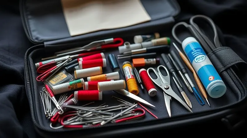 A meticulously organized backstage emergency costume repair kit laid open, showing assorted needles, threads, safety pins, fabric glue, and small scissors. Photorealistic, professional photography, 8K, cinematic lighting, sharp focus on the tools, depth of field blurring the background, shot on a high-end DSLR.