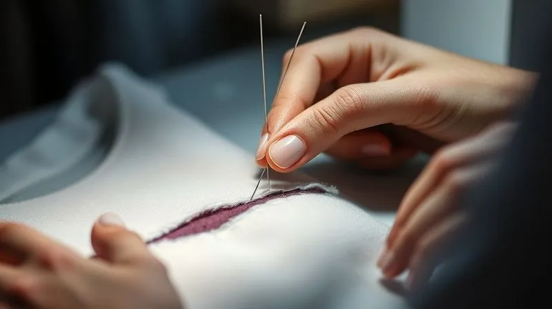 Close-up of a wardrobe technician's hands performing a rapid whipstitch on a torn costume seam with a needle and thread, illuminated by a focused light. Photorealistic, professional photography, 8K, cinematic lighting, sharp focus on the stitching, depth of field blurring the background, shot on a high-end DSLR.