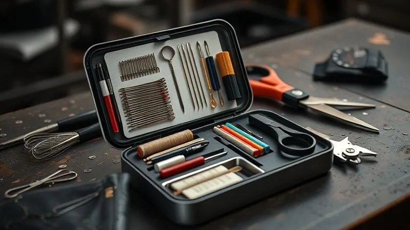 Photorealistic, professional photography, 8K, cinematic lighting, sharp focus, depth of field, shot on a high-end DSLR. A meticulously organized, compact emergency costume repair kit laid open on a backstage workbench. Visible items include various sizes of needles, spools of thread in neutral colors, small sharp scissors, safety pins, a thimble, and small squares of fusible webbing. The tools are neatly arranged, suggesting readiness and efficiency. The background is softly blurred, hinting at the controlled chaos of a theatre backstage.