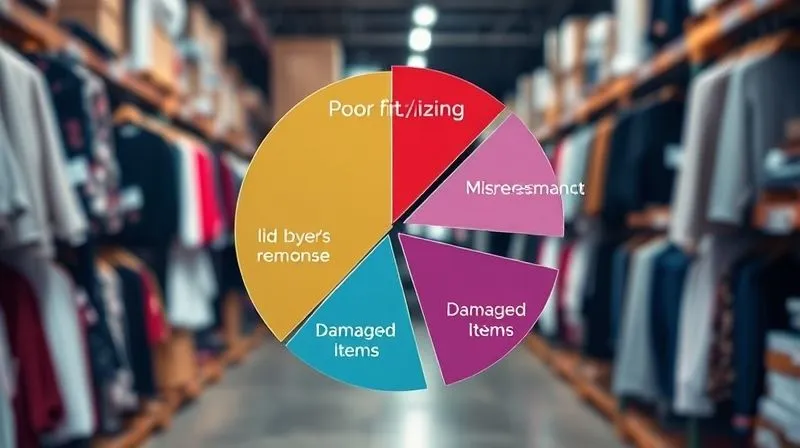 A photorealistic, professional photography shot of a fragmented pie chart visually breaking down the top reasons for fashion e-commerce returns, with "Poor Fit/Sizing" as the largest segment, surrounded by "Misrepresentation," "Buyer's Remorse," and "Damaged Items." The chart is set against a blurred backdrop of returned clothing items in a warehouse, with cinematic lighting emphasizing the data points. Shot on a high-end DSLR, 8K hyper-detailed.