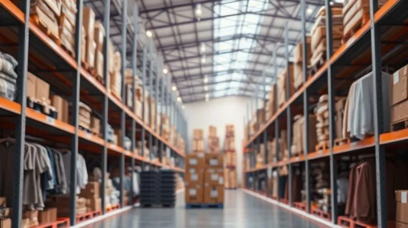 A photorealistic image of a sleek, modern warehouse, with fewer returned fashion items being processed, symbolizing efficiency and sustainability. Gentle, futuristic lighting. Professional photography, 8K, cinematic lighting, sharp focus, depth of field.