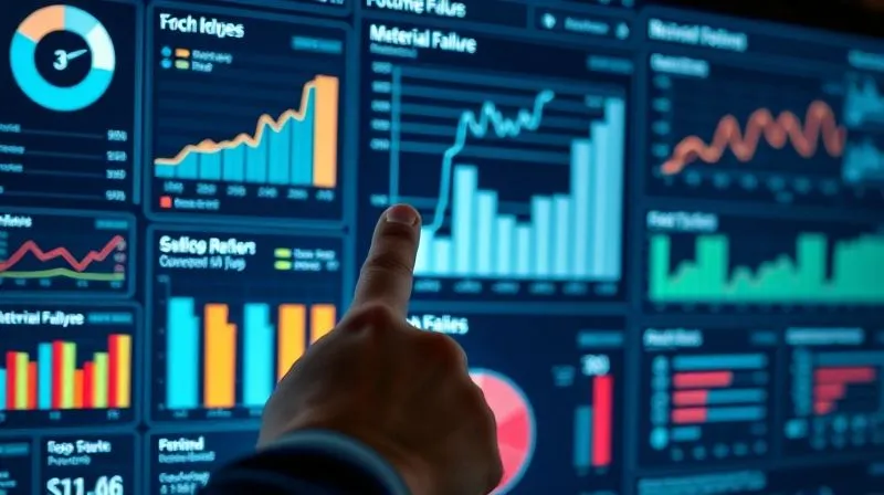 A photorealistic, professional photography, 8K, cinematic lighting, sharp focus, depth of field shot on a high-end DSLR, showing a close-up of a digital dashboard displaying various charts and graphs related to footwear return data, categorized by material failure type. A hand is pointing to a specific data point, highlighting the analytical aspect of problem-solving.
