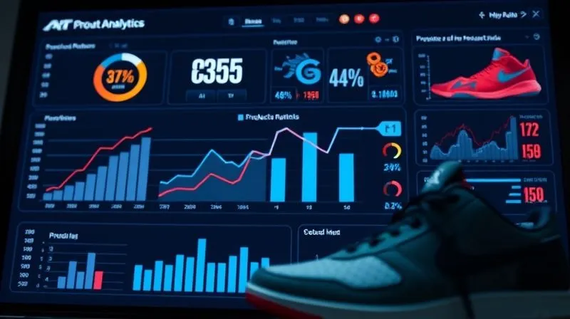 photorealistic, professional photography, 8K, cinematic lighting, sharp focus, depth of field, shot on a high-end DSLR, a sophisticated data analytics dashboard displaying various charts and graphs related to product returns, with a clear downward trend visible in a line graph, surrounded by subtle athletic shoe motifs, conveying a sense of data-driven decision making and optimization.