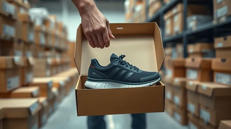 photorealistic, professional photography, 8K, cinematic lighting, sharp focus, depth of field, shot on a high-end DSLR, a person's hands delicately placing a brand new athletic shoe back into its original, pristine box, surrounded by other neatly organized shoe boxes in a clean, professional retail or warehouse setting, emphasizing careful handling and a structured return process.