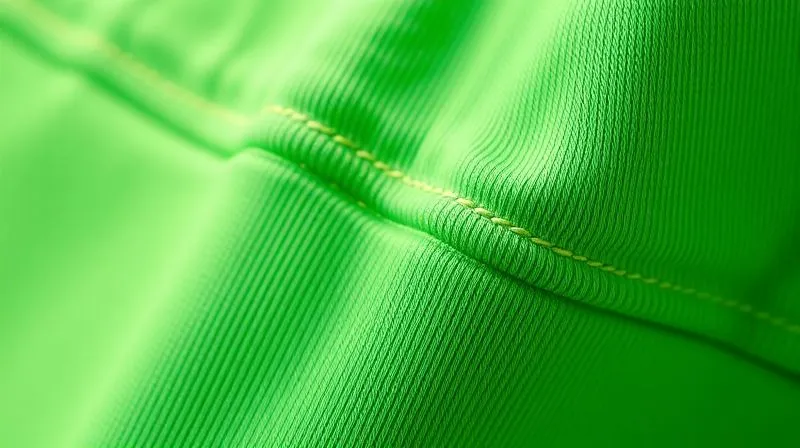 photorealistic, professional photography, 8K, cinematic lighting, sharp focus, depth of field, shot on a high-end DSLR. A macro shot of a flatlock seam on a vibrant green piece of children's activewear, showing the smooth, non-irritating finish. The seam is perfectly flat against the fabric, with the blurred background highlighting the soft texture of the garment, conveying comfort and quality.