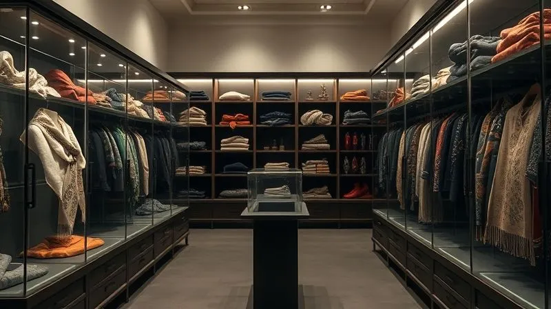 A photorealistic, sophisticated image of a meticulously organized luxury brand archive room, with beautifully preserved scarves displayed in climate-controlled glass cases. Soft, museum-like lighting highlights the intricate details of a vintage silk scarf. The scene evokes heritage, history, and timeless elegance. Professional photography, 8K, cinematic lighting, sharp focus on the archive pieces, depth of field, shot on a high-end DSLR.