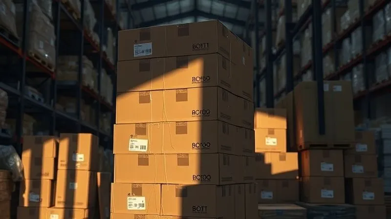 A photorealistic image of a stack of returned clothing boxes in a warehouse, casting long, somber shadows, symbolizing the burden of logistics and waste, 8K, cinematic lighting, sharp focus, depth of field.