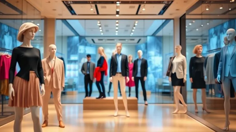 A photorealistic, professional photography, 8K, cinematic lighting, sharp focus, depth of field shot on a high-end DSLR of a futuristic retail space, blending physical mannequins with holographic displays showcasing virtual try-on experiences, customers interacting seamlessly with both, conveying innovation and a streamlined shopping journey.