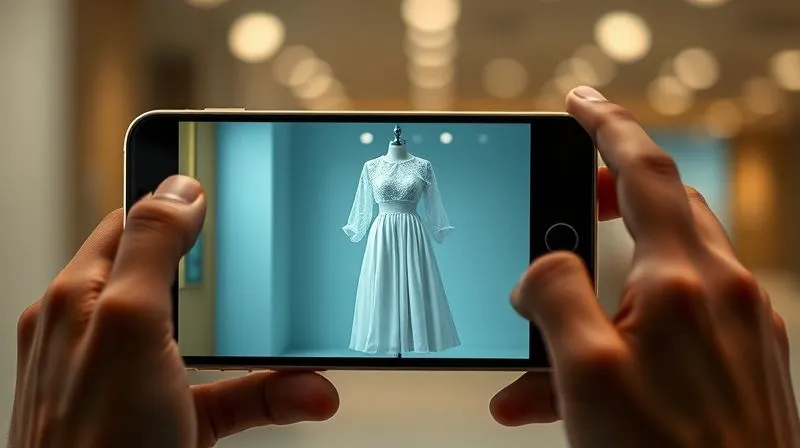 photorealistic, professional photography, 8K, cinematic lighting, sharp focus, depth of field, shot on a high-end DSLR, a smartphone screen displaying a perfectly rendered augmented reality dress on a moving person, with no lag or glitches, symbolizing seamless technical performance and stability in AR try-on.
