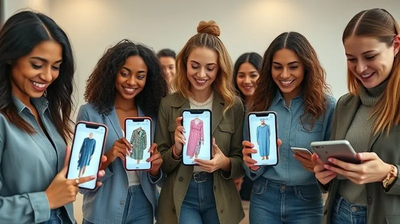 photorealistic, professional photography, 8K, cinematic lighting, sharp focus, depth of field, shot on a high-end DSLR, a diverse group of happy individuals interacting with their smartphones, each displaying a unique augmented reality fashion outfit on their own body, symbolizing personalization and customization in AR try-on.