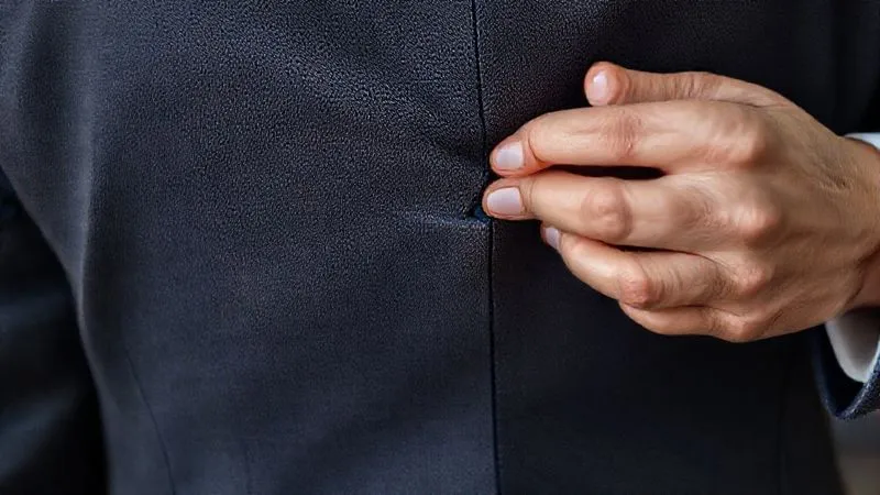 A close-up, photorealistic shot of a tailor's hands carefully unpicking a seam on the back of a suit jacket, revealing the hidden fabric allowance. The focus is on the intricate detail of the stitching and the fabric texture. Professional photography, 8K, cinematic lighting, sharp focus, depth of field.