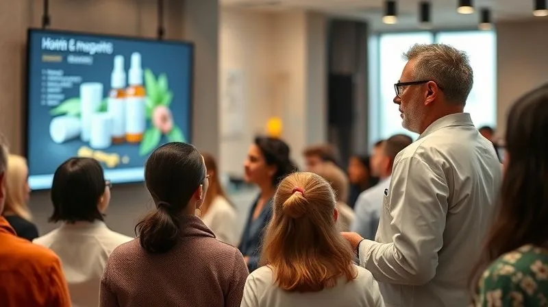 photorealistic, professional photography, 8K, cinematic lighting, sharp focus, depth of field, shot on a high-end DSLR, a diverse group of people attentively watching a scientist in a lab coat explaining a beauty product's ingredients and formulation on a large screen, with a warm, inviting atmosphere, symbolizing community re-engagement and education.