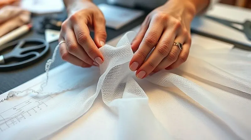 A close-up, photorealistic image of a costume designer's hands carefully examining and comparing various textile samples laid out on a workbench. One sample is a delicate, shimmering fabric, another a sheer but strong mesh, and a third a subtly reinforced material. Cinematic lighting, sharp focus on the textures, depth of field blurring the background of design tools and sketches. Shot on a high-end DSLR, 8K hyper-detailed, professional photography, emotionally resonant.