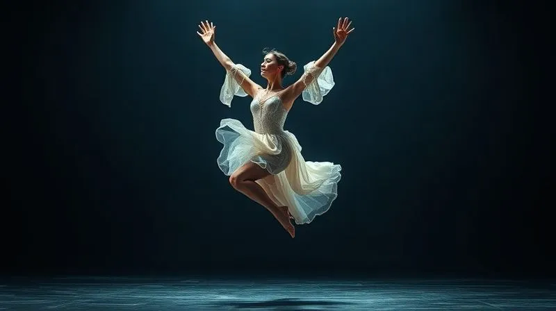 A photorealistic image of a professional dancer performing an energetic leap on a dimly lit stage. The dancer is wearing an elaborate, delicate-looking wearable art costume that, upon closer inspection, reveals subtle areas of strategic reinforcement around the joints and stress points. The costume flows gracefully with the movement, but its structural integrity is evident. Cinematic lighting, sharp focus on the dancer and costume, depth of field blurring the background, 8K hyper-detailed, professional photography, emotionally resonant.