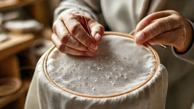 A photorealistic close-up of an artisan's hands meticulously stitching tiny glass beads onto a delicate silk fabric, using fine waxed thread. The fabric is stretched taut on an embroidery hoop, revealing the intricate, reinforced backing. Cinematic lighting, sharp focus on the hands and beads, depth of field blurring the background of a well-organized studio, 8K, professional photography.