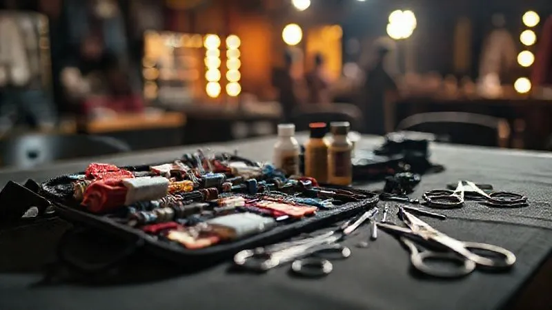 A photorealistic close-up of a neatly organized, compact costume repair kit laid out on a backstage table. It contains various threads, needles, small fabric swatches, tiny bottles of glue, and miniature tools, all bathed in the warm, dramatic glow of a stage work light. Sharp focus on the tools, depth of field blurring the background of a busy backstage area, 8K, professional photography.