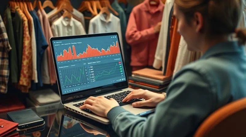 A photorealistic image of a person at a laptop, surrounded by carefully curated vintage clothing, analyzing sales data on screen with charts and graphs. Cinematic lighting, sharp focus on the screen and person, depth of field blurring the background, 8K, professional photography, shot on a high-end DSLR.
