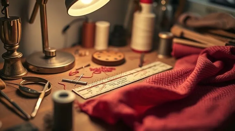 Photorealistic image of a vintage textile conservator's workbench, featuring various fine needles, spools of silk thread, magnifying lamp, and a delicate silk scarf undergoing invisible repair. Cinematic lighting, sharp focus on the tools and fabric, depth of field blurring the background, 8K hyper-detailed, shot on a high-end DSLR.