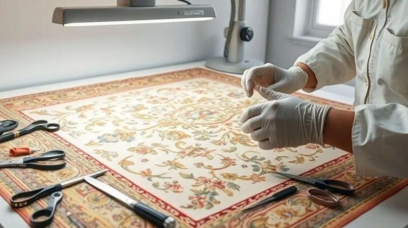 Photorealistic image of a professional textile conservator's hands carefully examining a large, intricate vintage silk tapestry under a bright, adjustable light, with various specialized tools neatly organized on a clean workbench. The conservator wears white gloves, conveying precision and care. 8K hyper-detailed, shot on a high-end DSLR.
