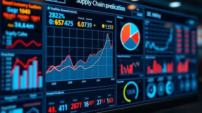 A photorealistic, professional photography shot of a sophisticated digital dashboard displaying real-time inventory levels, predictive demand curves, and supply chain health metrics. Glowing data points, 8K, cinematic lighting, sharp focus on the central display, depth of field blurring the background, shot on a high-end DSLR.