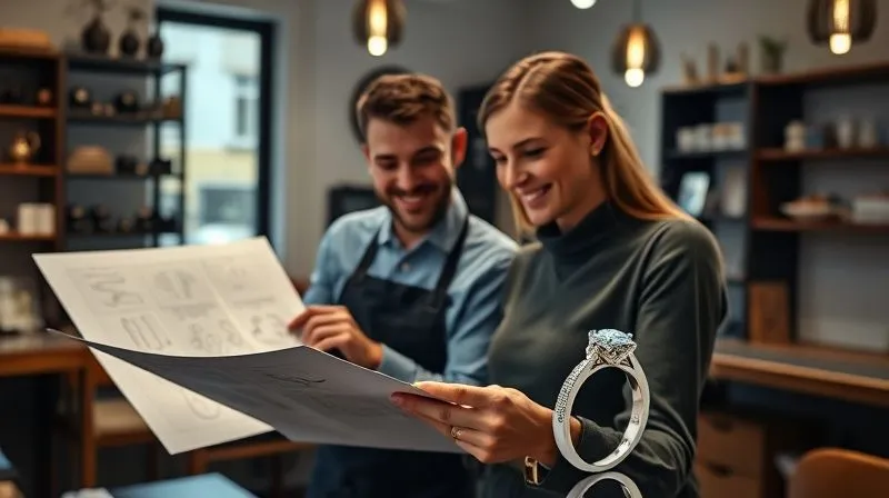 A photorealistic, professional photography, 8K, cinematic lighting, sharp focus, depth of field, shot on a high-end DSLR, of a couple happily reviewing detailed jewelry design sketches and a material breakdown with a friendly jeweler in a well-lit, elegant workshop. A custom engagement ring is prominently displayed, symbolizing thoughtful planning and transparency.
