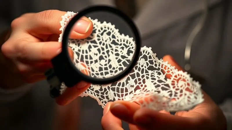 A close-up, photorealistic image of an expert's hands gently examining delicate vintage lace under a magnifying glass, with soft, focused lighting highlighting the intricate patterns. Professional photography, 8K, cinematic lighting, sharp focus, depth of field, shot on a high-end DSLR.