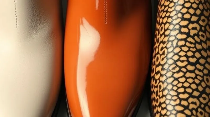 A close-up, photorealistic shot of various luxury shoe materials side-by-side: smooth calfskin leather, glossy patent leather, soft suede, and textured exotic skin. Each material shows a subtle, distinct type of minor wear or scuff, highlighted by cinematic lighting, 8K hyper-detailed.