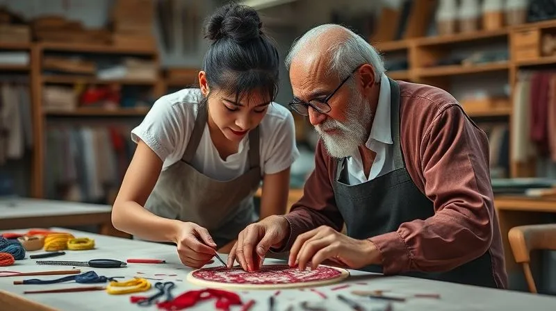 A vibrant, photorealistic professional photography shot inside a haute couture atelier. A young artisan and an elderly master artisan are leaning over a workbench, collaboratively examining an intricate piece of embroidery. They are engaged in a discussion, with tools and colorful threads scattered around. Cinematic lighting, sharp focus on their interaction, depth of field, 8K hyper-detailed, shot on a high-end DSLR, conveying shared knowledge and mutual respect across generations.