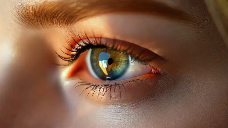 Photorealistic, professional photography, 8K, cinematic lighting, sharp focus, depth of field, shot on a high-end DSLR. A close-up of a model's eye, showing subtle, natural enhancements to the iris and whites, with perfectly defined lashes. The eye reflects a soft, natural light source, and the surrounding skin retains its natural texture and glow, avoiding any artificial smoothness.