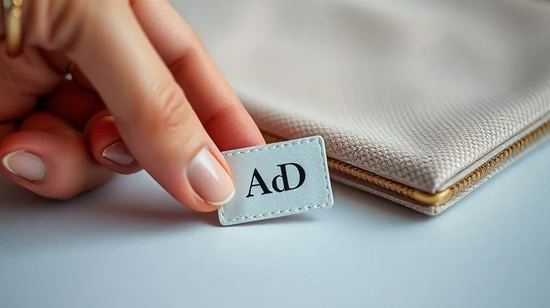 A close-up, photorealistic image of a hand delicately placing a small, elegant 'AD' or 'Gifted' label next to a luxurious fashion item on a minimalist background. Professional photography, 8K, cinematic lighting, sharp focus, depth of field, shot on a high-end DSLR.