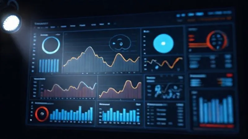 A photorealistic 3D rendering of a complex analytics dashboard, showing various charts and graphs with a clear downward trend in engagement metrics, illuminated by a single spotlight, professional photography, 8K, cinematic lighting, sharp focus on the data, depth of field, shot on a high-end DSLR.