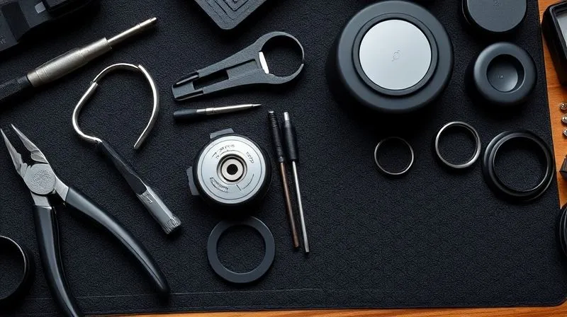 A photorealistic, professional overhead shot of a meticulously organized optical workbench. Tools like miniature precision screwdrivers, nylon-jawed pliers, a digital lens warmer, and various frame holders are neatly arranged on a dark, non-slip mat. The cinematic lighting highlights the metallic sheen of the tools and the soft glow of the warmer, conveying precision and expertise. professional photography, 8K, shot on a high-end DSLR.