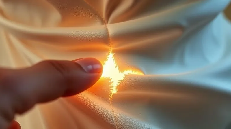photorealistic, professional photography, 8K, cinematic lighting, sharp focus, depth of field, shot on a high-end DSLR. A close-up shot of a luxurious wedding dress fabric with a visible, intricate tear, illuminated by soft, focused light, with a hand gently pointing to the flaw, emphasizing the delicate nature of the damage.
