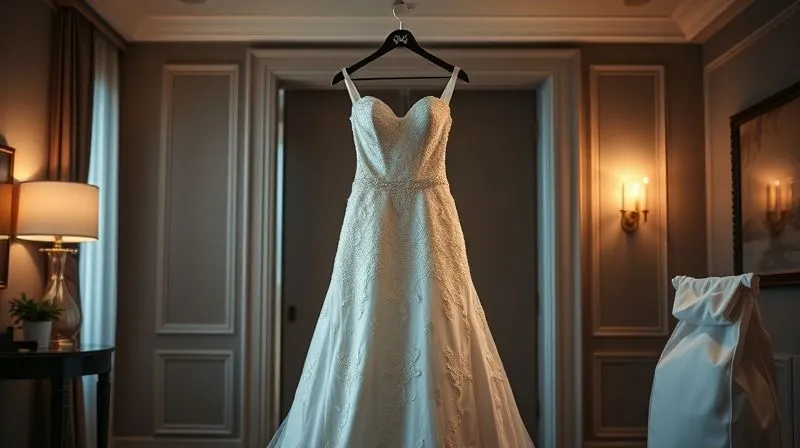 photorealistic, professional photography, 8K, cinematic lighting, sharp focus, depth of field, shot on a high-end DSLR. A bridal gown hanging perfectly in a luxurious, dimly lit bridal suite, with soft light illuminating its intricate details, symbolizing successful restoration and readiness for the wedding day. A pristine garment bag is visible nearby.