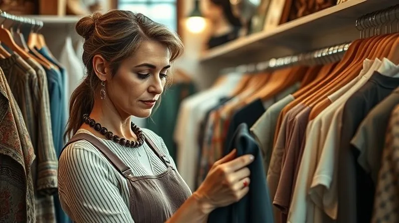 A photorealistic image of a vintage shop owner carefully examining a garment, a thoughtful expression on her face, surrounded by unique clothing items, soft natural light, 8K, cinematic lighting, sharp focus, depth of field, shot on a high-end DSLR.