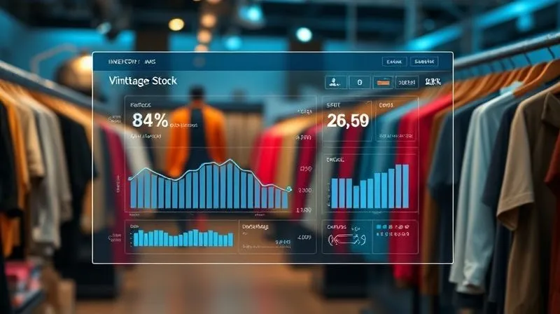 A photorealistic image of a sleek, modern inventory management dashboard displaying data points related to vintage clothing stock, with a blurred background of neatly organized vintage garments on racks, glowing blue hues, 8K, cinematic lighting, sharp focus, depth of field, shot on a high-end DSLR.